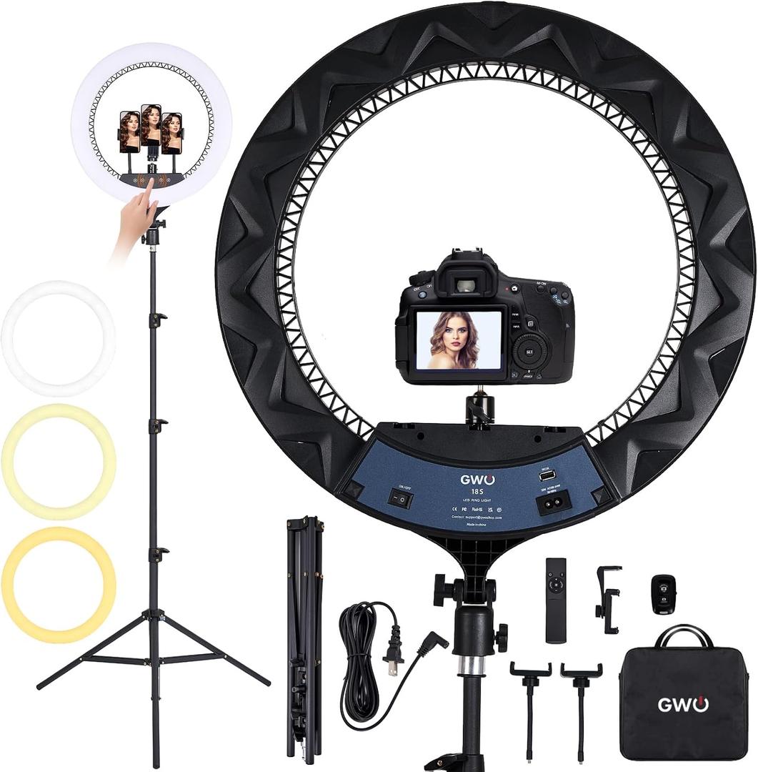 GWO 18 inch LED Ring Light with Tripod Stand 6000K Dimmable Makeup Selfie Light with Touch Panel Phone Holders for YouTube Vlog Video Shooting Include Carrying Bag and Remote Control CRI>90