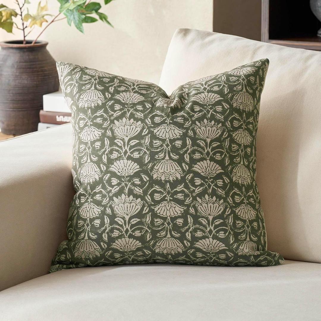 DOMVITUS Floral Pillow Covers 18x18 Decorative Throw Pillow Covers Floral Block Print Farmhouse Vintage Pillow Cover for Living Room Couch Bed Dusty Green 1PC