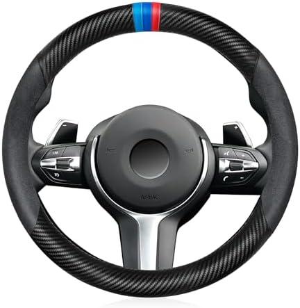 Carbon Fiber Steering Wheel Cover, Non-Slip and Sweat Absorbent, 15" Steering Wheel Covers for X5 X3 Men Women, Black (Black Suede ///)