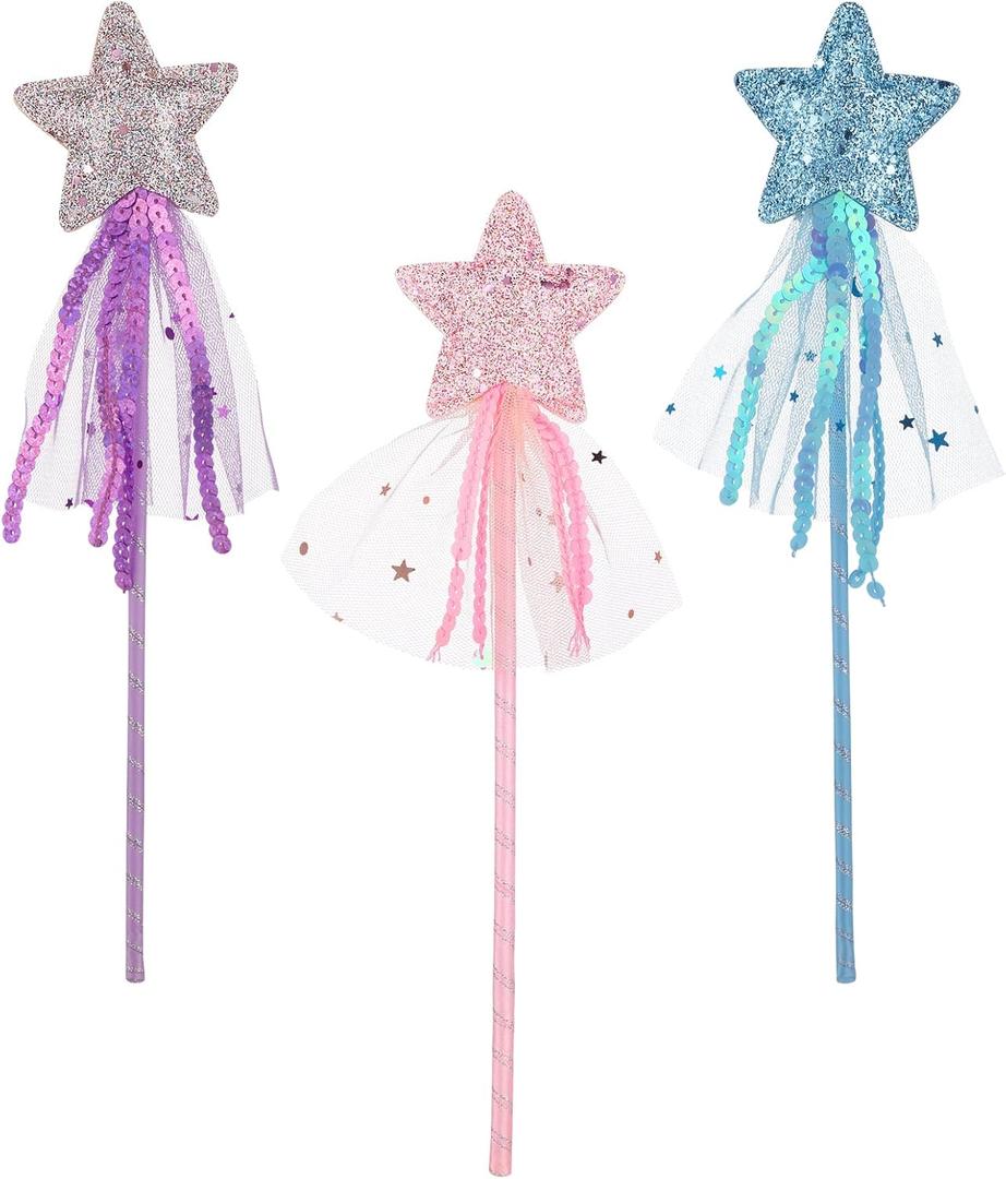 ASTER Glitter Star Wands 3Pcs 11 Inches Princess Angel Fairy Star Magic Wands Girls Fairy Magic Dress-up Star Wand Angel Fairy Costume Props Wands Sticks for Birthday Halloween Christmas Party