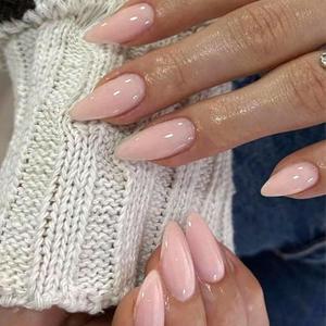 YOSOMMK Cream Pink Acrylic Press on Nails Almond Shaped Medium Nails Press Ons with Glue 24Pcs Glossy Cover Stick on Nail for Women Only One Color Artificial Glue on False Nail in 12 Sizes,06-Cream Pink