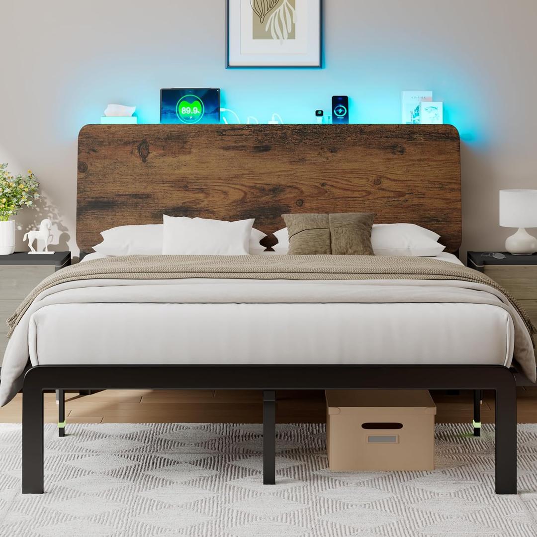 Feonase Queen Size Bed Frame with Ergonomic Storage Headboard & Charging Station, LED Platform Bed Frame, Heavy Duty Metal Slats, No Box Spring Needed, Easy Assembly, Rustic