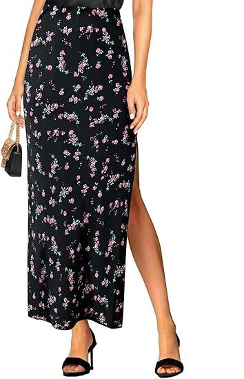 Women's Satin High Waisted Side Split Maxi Skirt Elastic Waistband Long Silk Skirts for Women Size Small, Floral Black 
