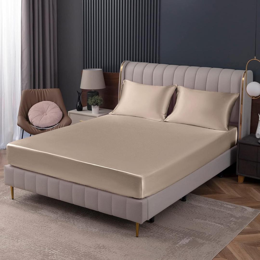 Homiest Taupe Satin Fitted Sheet King Size, Deep Pocket, Luxury & Ultra Soft Bedding