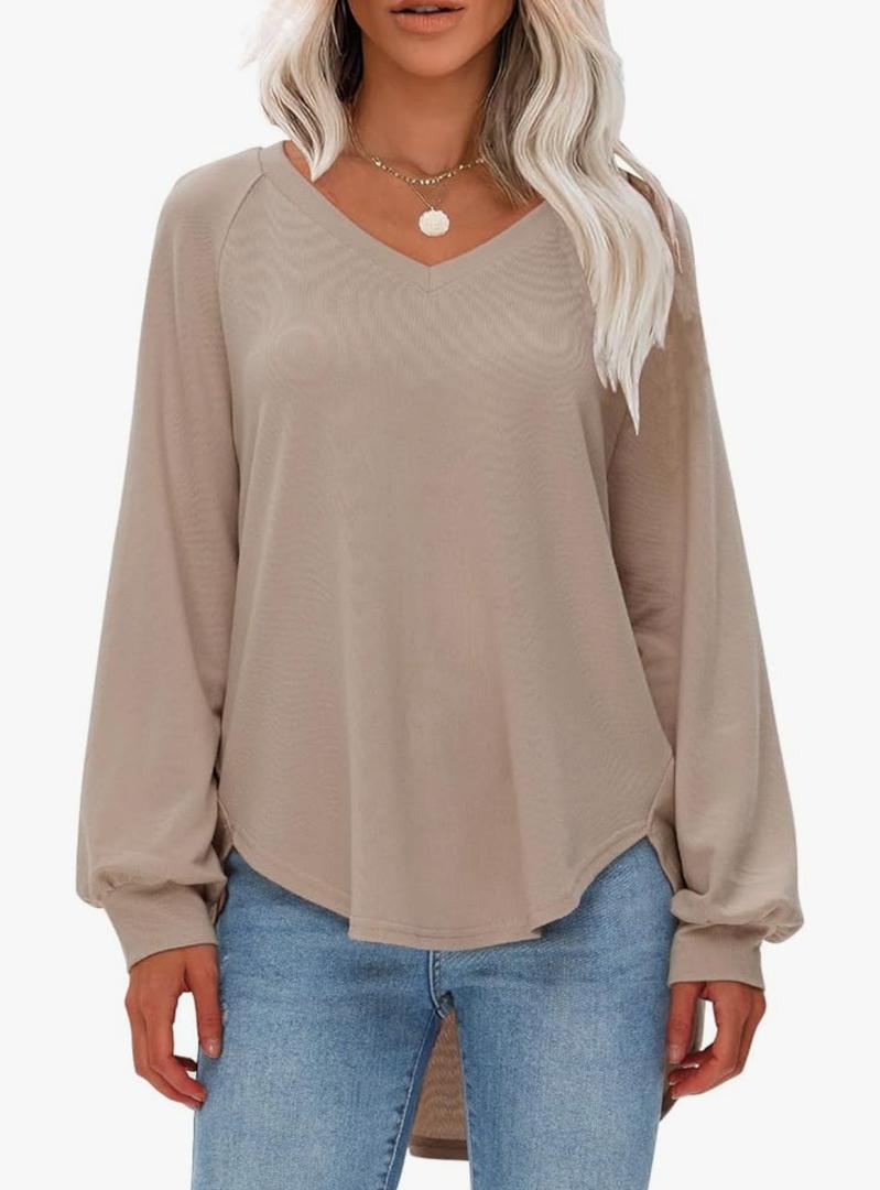 EXLURA Womens Fall Oversized V Neck Tunic Tops 2025 Casual Long Sleeve Shirts Lightweight Soft Sweater Curved Hem T Shirts Size S