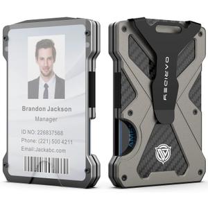 Minimalist Wallet for Men- Slim Aluminum Metal Money Clip Wallet with Clear ID Card Holder, Carbon Fiber Wallet, RFID Blocking, Holds up 15 Cards with Cash Clip, Ultra-Thin Tactical Wallet- Gunsmoke