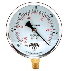 Winters 4 inch Dial Size, Multi Function Economy Utility Dry Pressure Gauge, Brass Internals, Steel Case, Dual Scale 30 inch Hg-0 Vac/kPa, 3-2-3% Accuracy, 1/4" NPT Bottom Mount, Vacuum Pressure Gauge