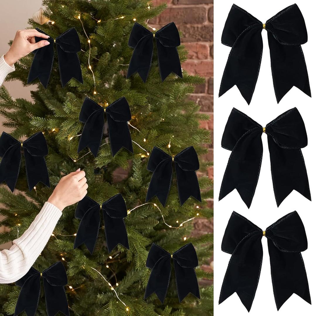 15 Pcs Velvet Bows for Christmas Tree - 6 Inch Vintage Velvet Ribbon Christmas Bows for Gift Wrapping Xmas Tree Topper Bow Ornaments for Garland Wreath Bows Decor (Black)