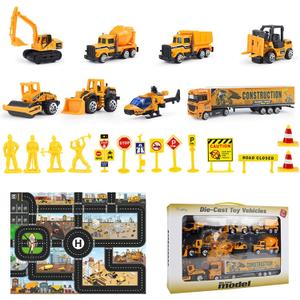 QAPIZM Small Diecast Construction Vehicle Toy Trucks with Play Mat Road Signs, 23 Pcs Mini Forklift Bulldozer Excavator Mixer Dump Truck Roller Helicopter Truck Carrier Birthday Toddler Boys Girl