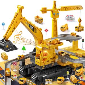 Construction Excavator Toys for Boys 3-5 Year Old - Engineering Digger Race Tracks with Excavator Crane, Car Sand Toys with Light Sound, Birthday Gifts for Toddlers Boys Girls Age 3 4 5 6
