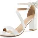 Chunky Heels for Women Wedding: Silver 8 Comfortable Ladies Bow Heel Sandals for Prom Party - Bridal Dressy Walking Shoes (9, White)