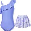 swimsobo Girls One Piece Swimsuit One Shoulder Bathing Suit with Skirt Adjustable Strap Swimwear for Size 5-12 Years (Purple)