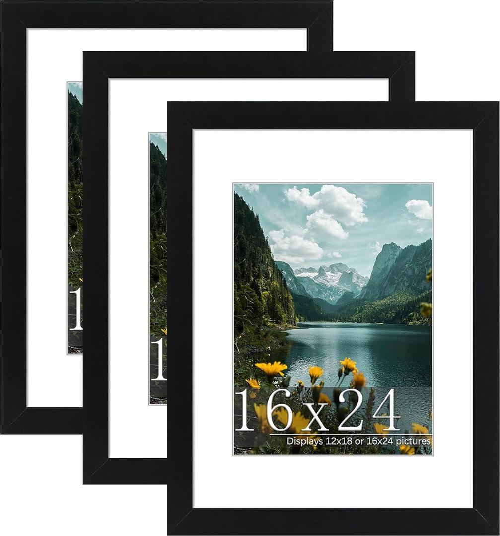 Picrit 16x24 Picture Frame 3 Pack, Black Poster Frame, Display Poster 12 x 18 with Mat or 16 x 24 without Mat for Horizontal or Vertical Wall Mounting