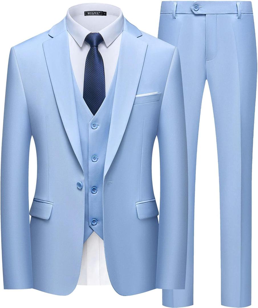 WULFUL Mens Slim Fit Suit One Button 3-Piece Blazer Dress Business Wedding Party Jacket Vest & Pant M