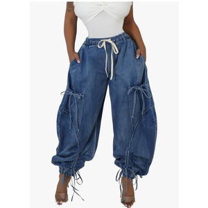 Women Baggy Barrel Jeans High Waisted Y2k Drawstring Bow Tie Cargo Jean Retro Wide Leg Ankle Denim Joggers, L