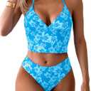 Floerns Women's Floral Print Halter Neck Tankini Top Two Piece Bathing Swimsuit (X-Large, Light Blue)
