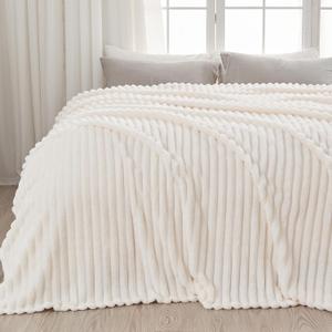 NEWCOSPLAY Super Soft Queen Blanket Ivory Premium Silky Flannel Fleece 3D Ribbed Jacquard Lightweight Bed Blanket All Season Use (Ivory Ribbed, Queen(90"x90"))