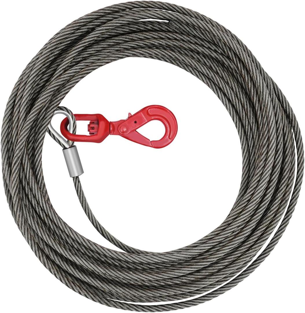 Carbon Steel Winch Cable,18100 lbs Breaking Strength, 7/16 Inch x 100 Feet Heavy Duty Towing Cable with 360 Swivel Self Locking Hook Universal Fit for Winch Operations, Lifting, Towing (Grey + Red)