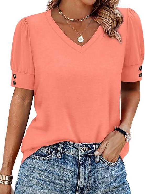 OFEEFAN Womens Tops Short Sleeve Shirts Buttons V Neck Spring Fashion Summer Outfits Plus Size Blouses Dressy Casual, Size Large