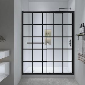 Black Grid Sliding Shower Door 55-60" W x 72" H, Matte Black, Single Sliding Door, Framed, 1/4" (6mm) SGCC Tempered Glass, Reversible Installation