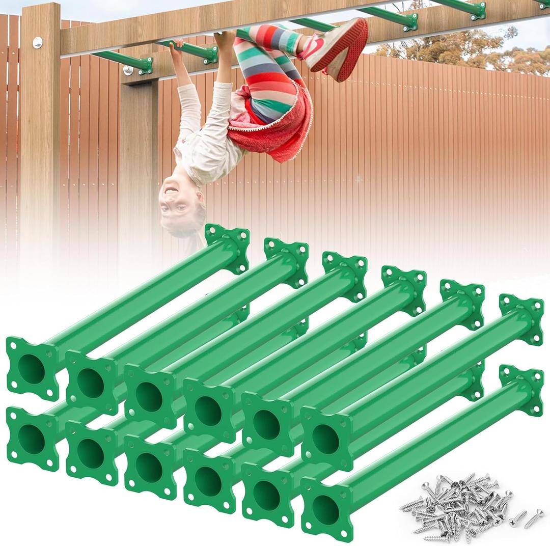16.5 Inch Monkey Bars Kit Playground Ladder Rungs for Backyard Indoor Outdoor Kids Metal Bars Swing Set Playset Accessories (Green, 12 Pcs)