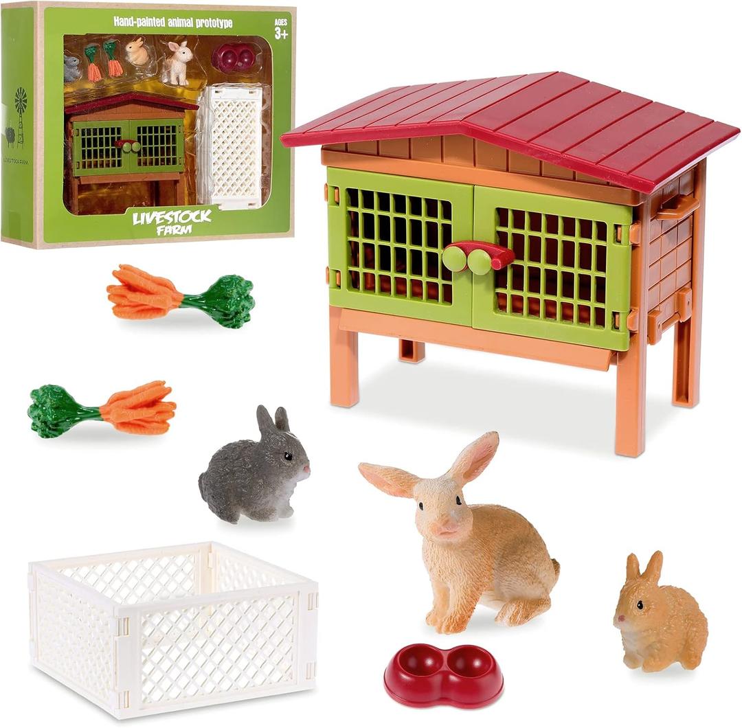 Civaner 11 Pcs Bunny Toys and Playsets Farm World Set Farm Animal Figures Barnyard Carrot Rabbit Hutch Accessories for Kids Ages 3 and Above Learning Educational Toys Birthday Gift