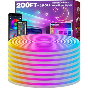 FBZ 200Ft Led Rope Lights, Flexible Neon Lights Control with App/Remote, Multiple Modes, IP65 Outdoor RGB Waterproof, Music Sync Gaming Light Strip for Bedroom Decor