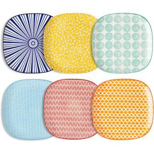 Selamica Porcelain Square Dessert Salad Pasta Steak Plates 10 inches ceramic plates set of 6 microwave/dishwasher/oven safe, Assorted Colors