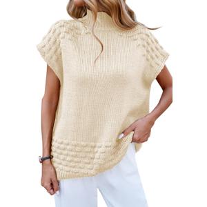 Cakulo Womens Oversized Sweater Vest Mock Neck Pullover Sweaters (Beige)