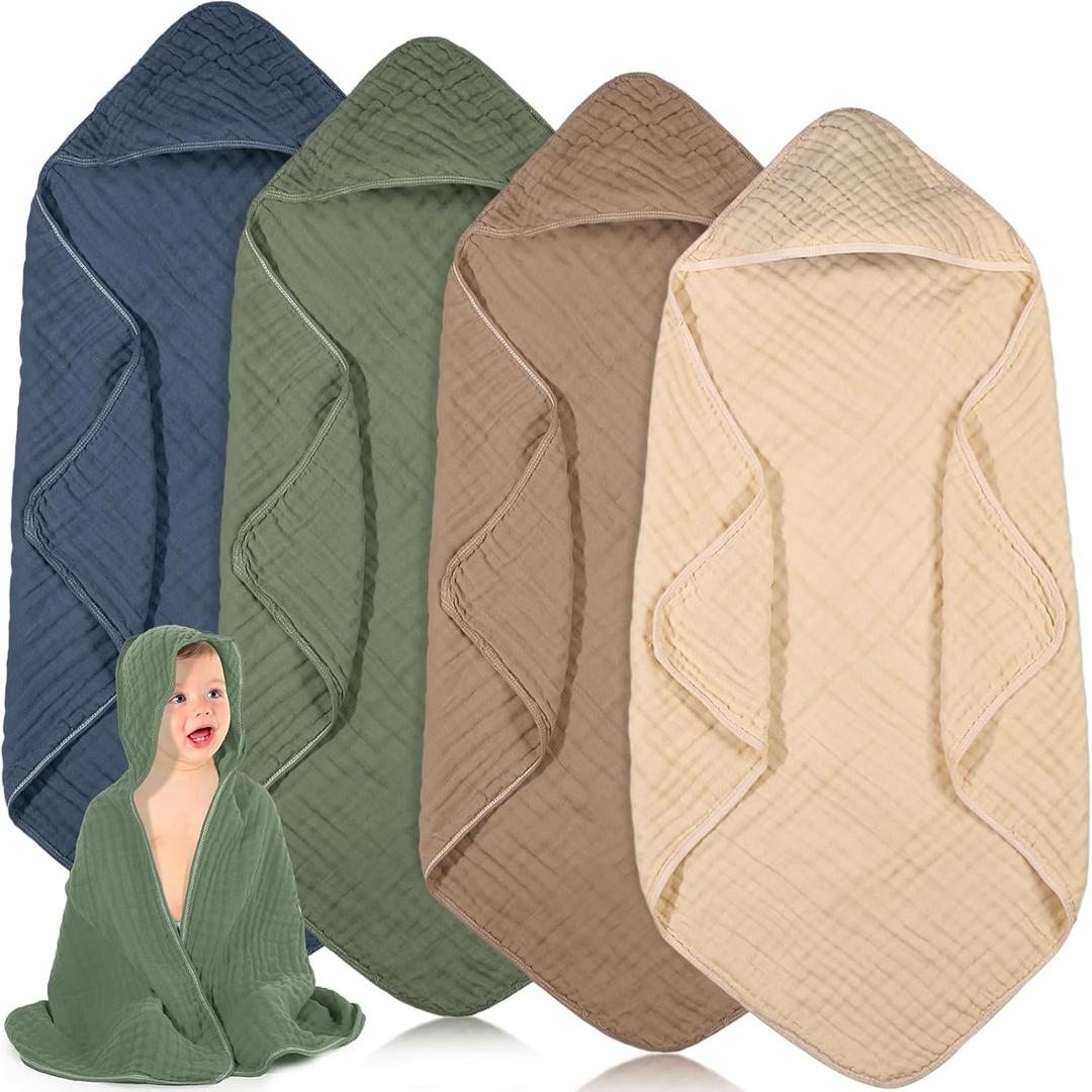 Peryiter 4 Pcs Muslin Hooded Baby Towels 32 x 32 Inch Cotton Newborn Bath Essentials Muslin Infant Blankets Absorbent Registry Gifts for Girl Boy Kids Baby Shower (Green)