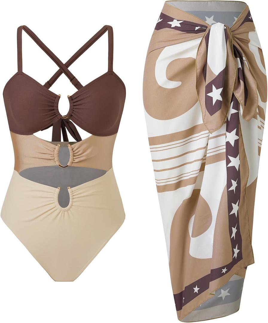 YUNIDMEIM Womens One Piece Swimsuits Retro Tummy Control Swimwear Set Bathing Suit Cover Up for Women with Wrap Skirt (Large, Brown)