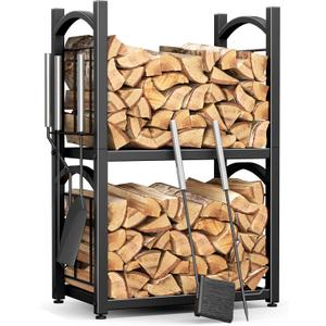 Y&M Firewood Rack Wrought Iron Indoor Outdoor Use 2-tier Firewood Holder Storage with 4 Fireplace Tools (2-tier Firewood Rack)