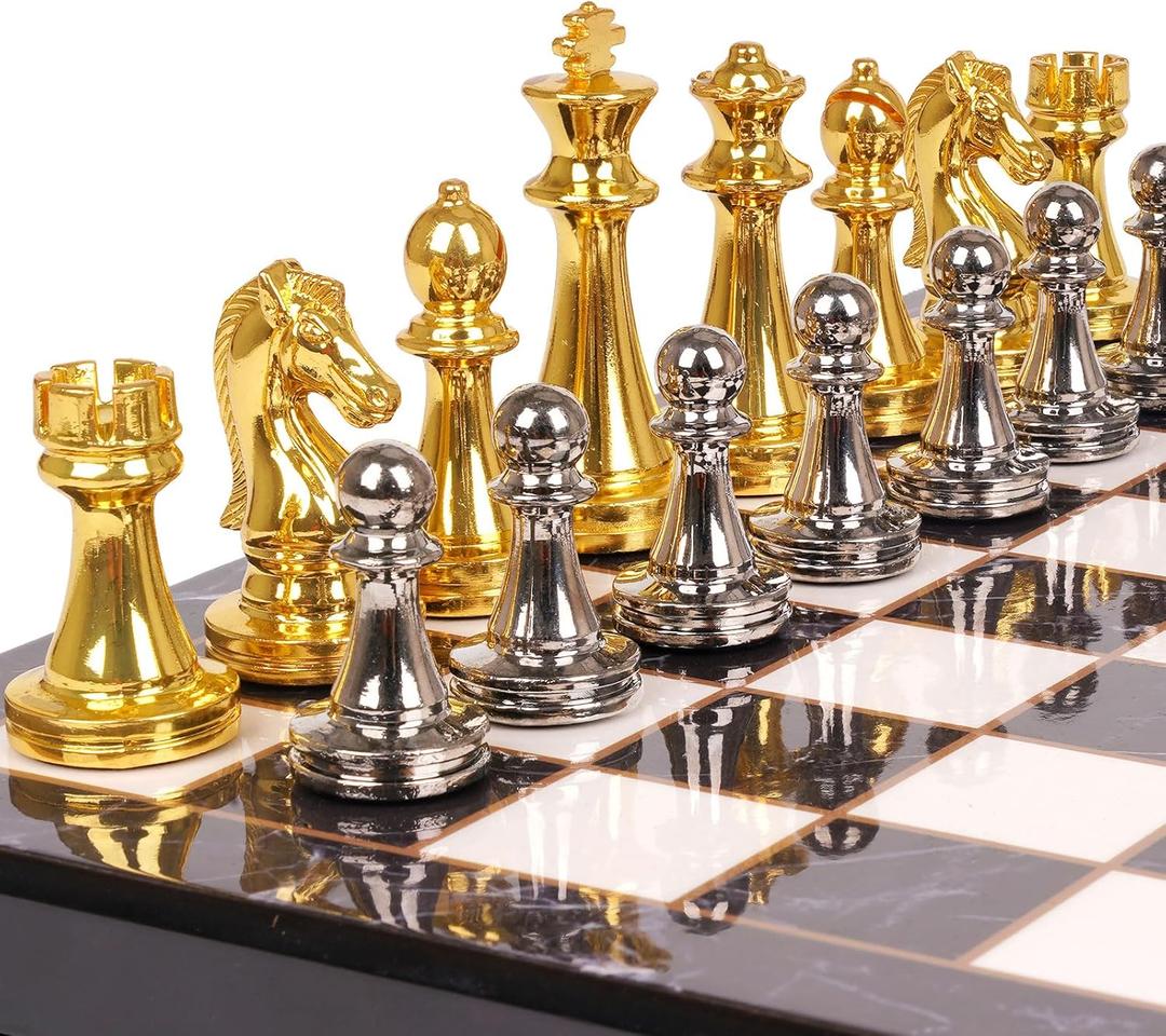 Metal Chess Set for Adults and  Marbling Chess Board with Chess Pieces  Travel Chess Sets with Extra Queens with zinc Alloy Metal Pieces  Ideal for Beginners and Professional Players