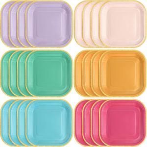 60 Pcs Colorful Paper Plates 7 Inch Rainbow Candy Color Disposable Square Dessert Party Plates with Gold Edge for Birthday Wedding Bridal Baby Shower Party Supplies, 6 Colors