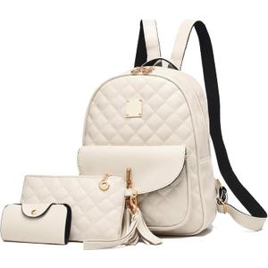 IHAYNER Women's Simple Design Quilted Mini Backpack - 3Pcs Leather Backpack Purse for Women (Beige)