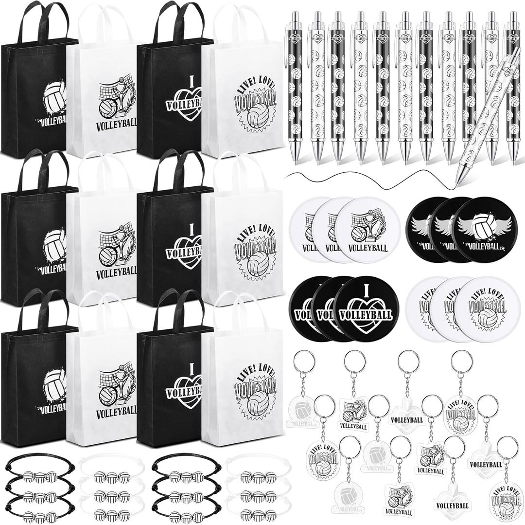60 Pcs Volleyball Team Gifts 15 x 11.8 Inch Large Volleyball Goodie Bags with Handle Acrylic Keychains Bracelets Pins and Pens for Sport Theme Party Favors Birthday Decorations