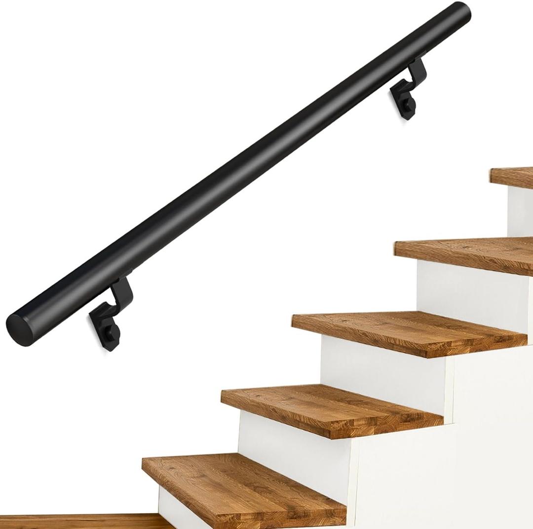 4ft Heavy Duty Aluminum Round Handrail kit with Die Cast Aluminum Brackets, Exterior Wall Mount Handrail Load Capacity 500lbs (Textured Black, 4Ft)