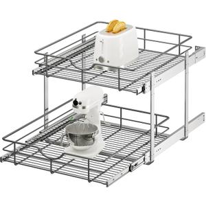 2 Tier Pull Out Cabinet Organizer - 20" W x 22" D Soft Close Slide Out Shelves with Shelf Liners - Pullout Drawers for Kitchen Cabinets, Pantry, Bathroom, Heavy Duty Steel Wire Baskets