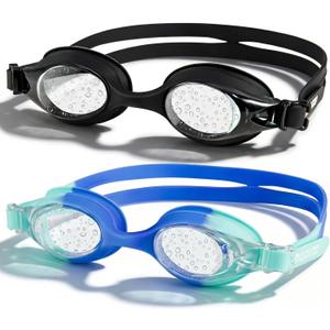 2 Pack Kids Swim Goggles for Toddlers 6-14(8-12), Anti-Fog UV Protection No Leak Swimming Glasses for Boys Girls (Black & Blue)
