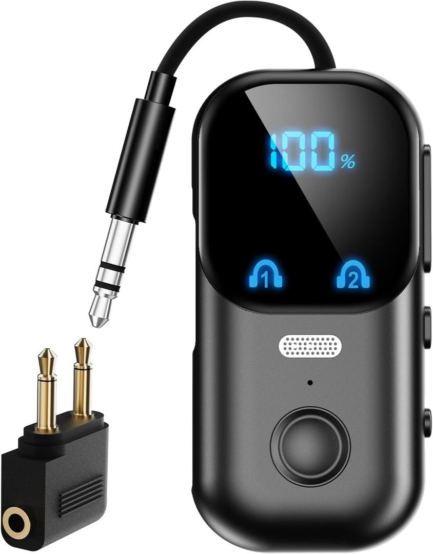 Bluetooth 5.4 Transmitter Receiver aptX Adaptive for 2 AirPods/Headphones, 2-in-1 Bluetooth Audio Adapter with Mic & LED Display for TV, Airplane Travel, 3.5mm AUX Wireless Adapter for Car/Home Stereo (Black)