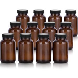JUVITUS Amber 4 oz Glass Packer Bottle with Black Ribbed Lid (12 pack)