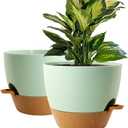 WOUSIWER 10 inch Self Watering Planters, 2 Pack Large Plastic Plant Pots with Deep Reservior and High Drainage Holes for Indoor Outdoor Plants and Flowers, Green with Terracotta