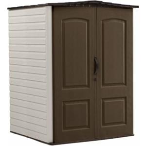Rubbermaid Medium Vertical Resin Outdoor Storage Shed With Floor (5 x 4 Ft), Weather Resistant, Brown, Organization for Home/Backyard/Pool/Garden/Lawn Tools