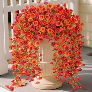 Pack Of 2 Hrobek Artificial Fall Hanging Flowers for Decoration, 2pcs Long Vine Fake Flowers Plants Morning Glory, Realistic Faux Petunias for Planter Patio Porch Garden Autumn Outdoors Dec, Orange Red