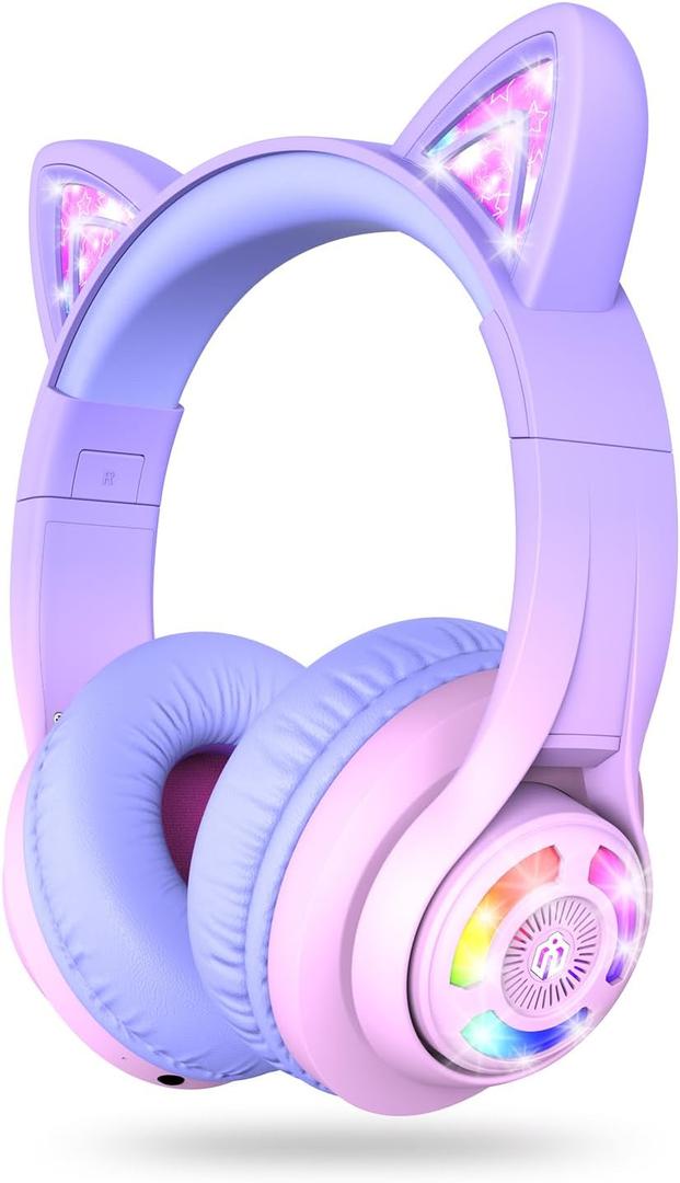 iClever Cat Ear Kids Bluetooth Headphones, LED Lights Up, 74/85dBA Volume Limited, 50H Playtime,Bluetooth 5.2, USB C, Kids Headphones Wireless for Travel iPad Tablet, Meow Macaron-Gradient Pink