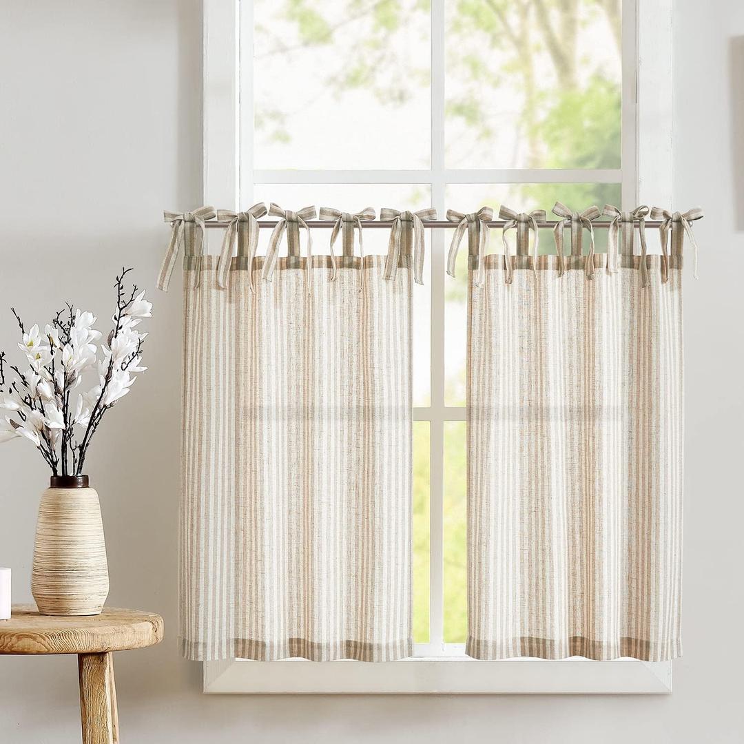 jinchan Tie Top Linen Kitchen Curtains 24 Inches Striped Tier Curtains Farmhouse Modern Cafe Style Small Window Treatments Airy Light Filtering Rod Pocket for Living Room Bathroom 2 Panels Tan