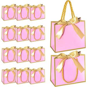 EQOREIIN 50 PCS Small Gift Bags with Handles,Pink Mini Bag,5.5x 2.5x4.7 Inches Small Thank You Gift Bags Bulk with Ribbon for Party Favors,Mother's Day, Goodie, Weddings,Baby Shower(Pink Gold)