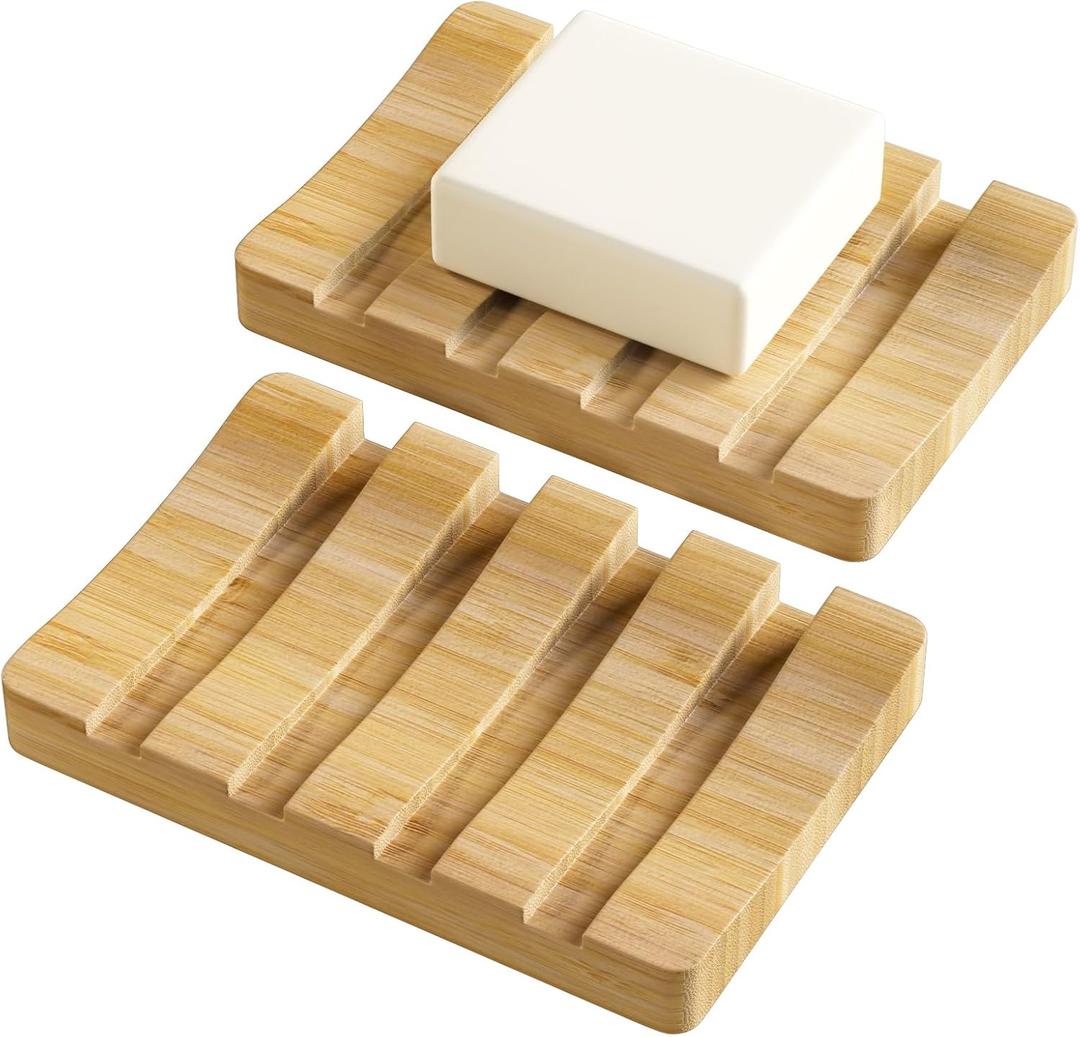 AmazerBath Bamboo Soap Holder, Bamboo Soap Dish, 2 Pack Soap Dishes for Bar Soap, Soap Tray Self Draining, Bar Soap Holder for Shower (Natural-rectangular)