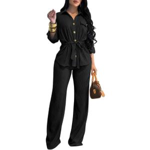CHICME 2 Piece Sets for Women Summer Outfits Dressy Button-Down Shirt and Wide Leg Pants Drawstring Waist Casual Travel Set (Black, M)