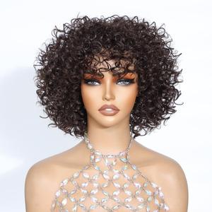 Brown Short Big Spiral Curls Wigs Glueless Wig with Bangs Afro Curly Wig for black Women Beginner Friendly 4#,4A Curls